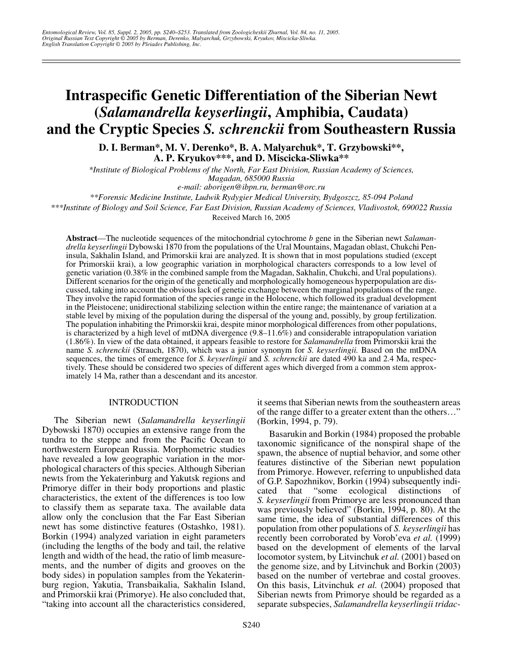 Salamandrella Keyserlingii, Amphibia, Caudata) and the Cryptic Species S