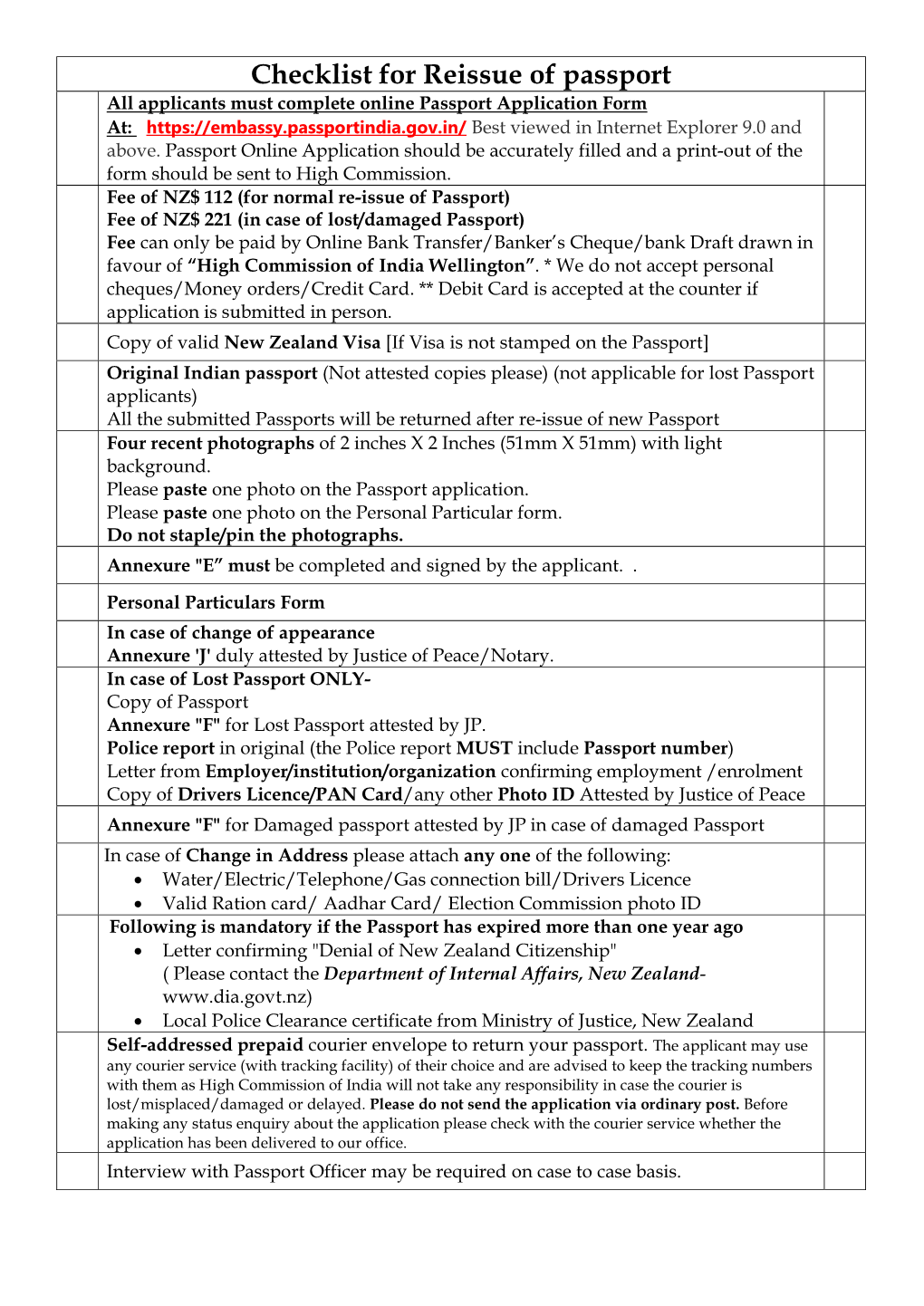 Checklist for Reissue of Passport