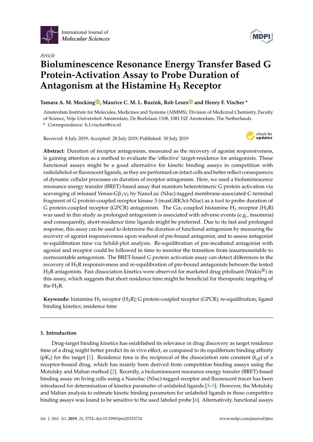 Bioluminescence Resonance Energy Transfer Based G Protein-Activation Assay to Probe Duration of Antagonism at the Histamine H3 Receptor