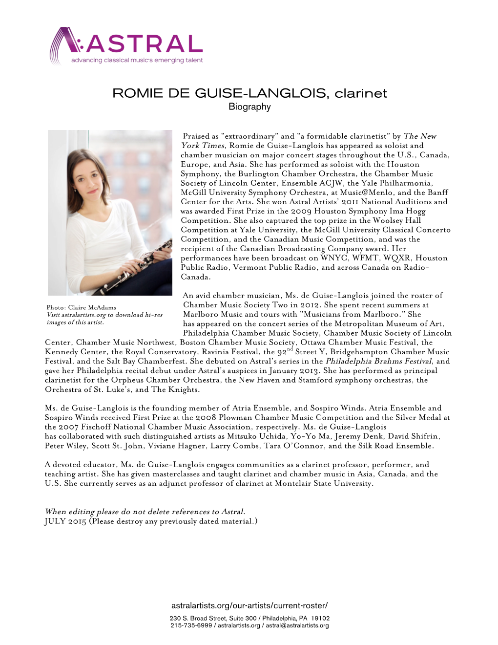 ROMIE DE GUISE-LANGLOIS, Clarinet Biography