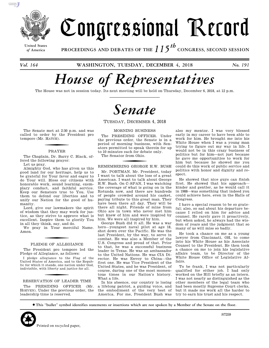 Congressional Record United States Th of America PROCEEDINGS and DEBATES of the 115 CONGRESS, SECOND SESSION