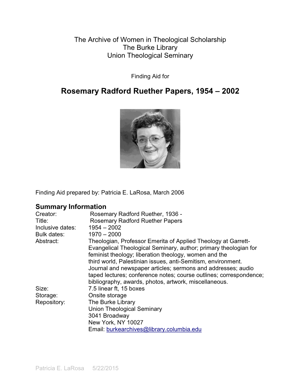 Rosemary Radford Ruether Papers, 1954 – 2002