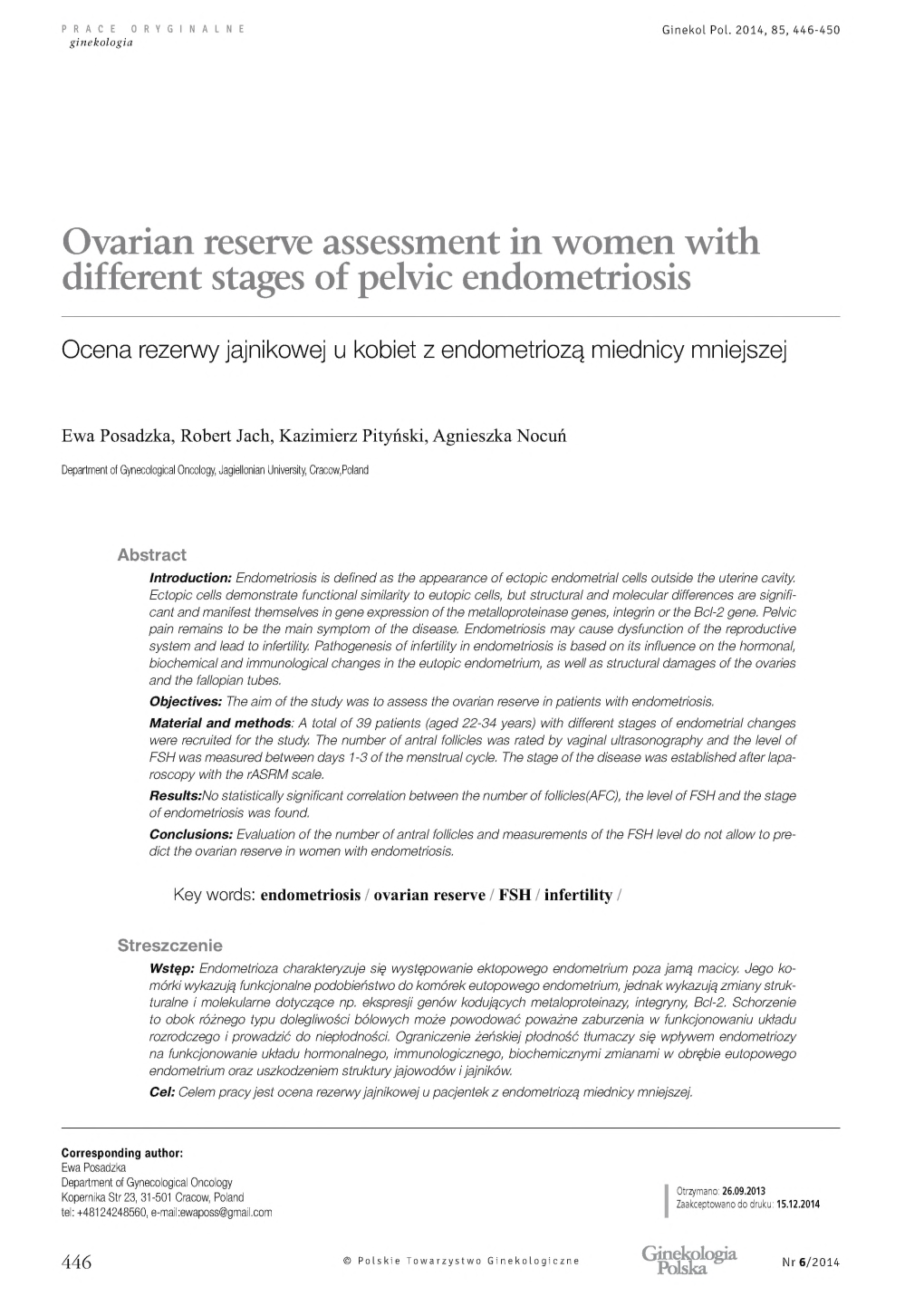 Ovarian Reserve Assessment in Women with Different Stages of Pelvic Endometriosis