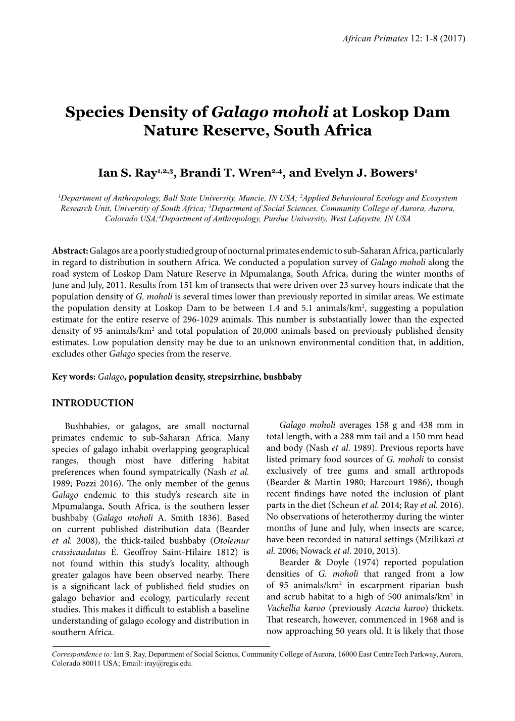 Species Density of Galago Moholi at Loskop Dam Nature Reserve, South Africa