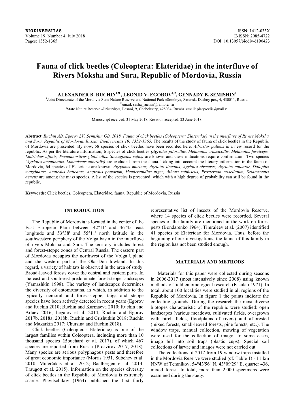 Fauna of Click Beetles (Coleoptera: Elateridae) in the Interfluve of Rivers Moksha and Sura, Republic of Mordovia, Russia