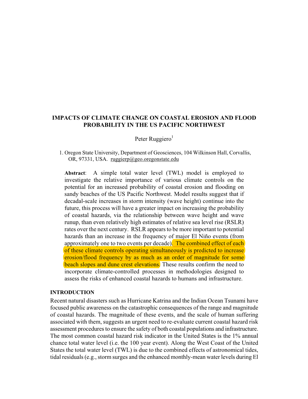 Impacts of Climate Change on Coastal Erosion and Flood Probability in the Us Pacific Northwest