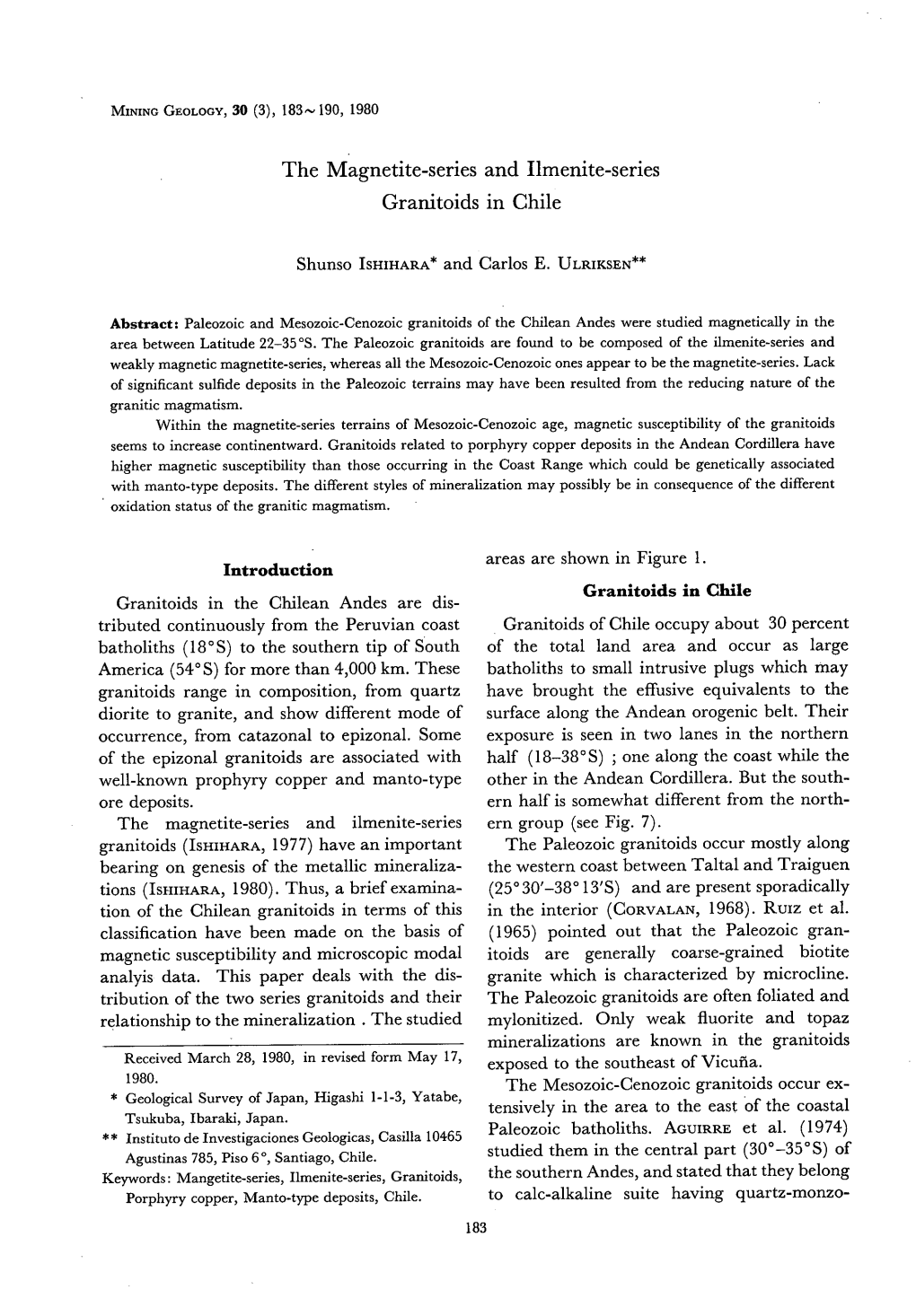 The Magnetite-Series and Ilmenite-Series Granitoids in Chile