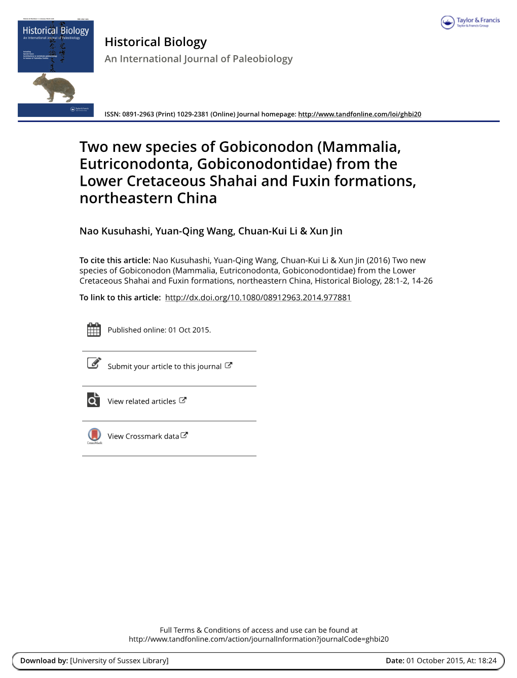 Two New Species of Gobiconodon (Mammalia, Eutriconodonta, Gobiconodontidae) from the Lower Cretaceous Shahai and Fuxin Formations, Northeastern China