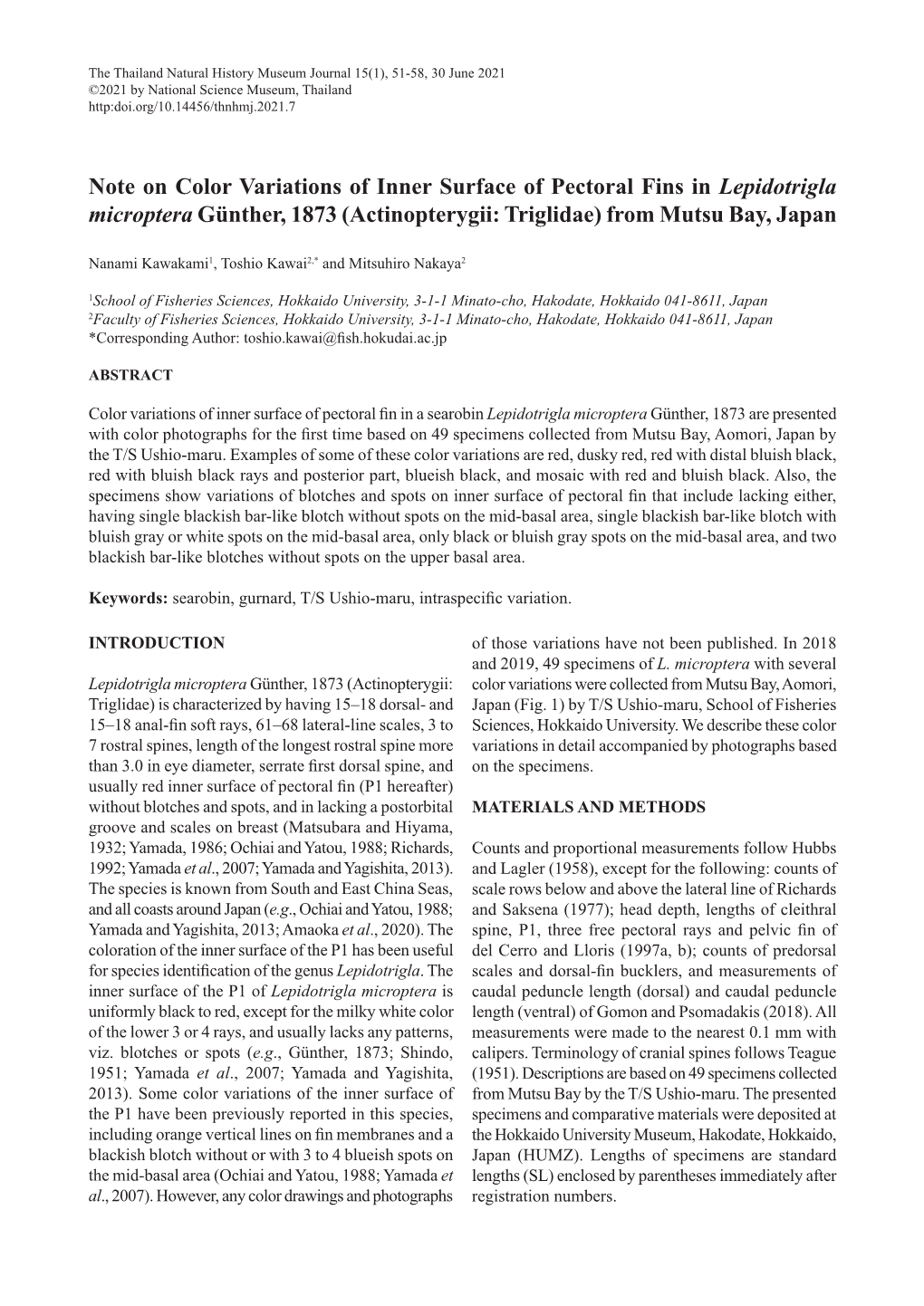 Note on Color Variations of Inner Surface of Pectoral Fins in Lepidotrigla Microptera Günther, 1873 (Actinopterygii: Triglidae) from Mutsu Bay, Japan