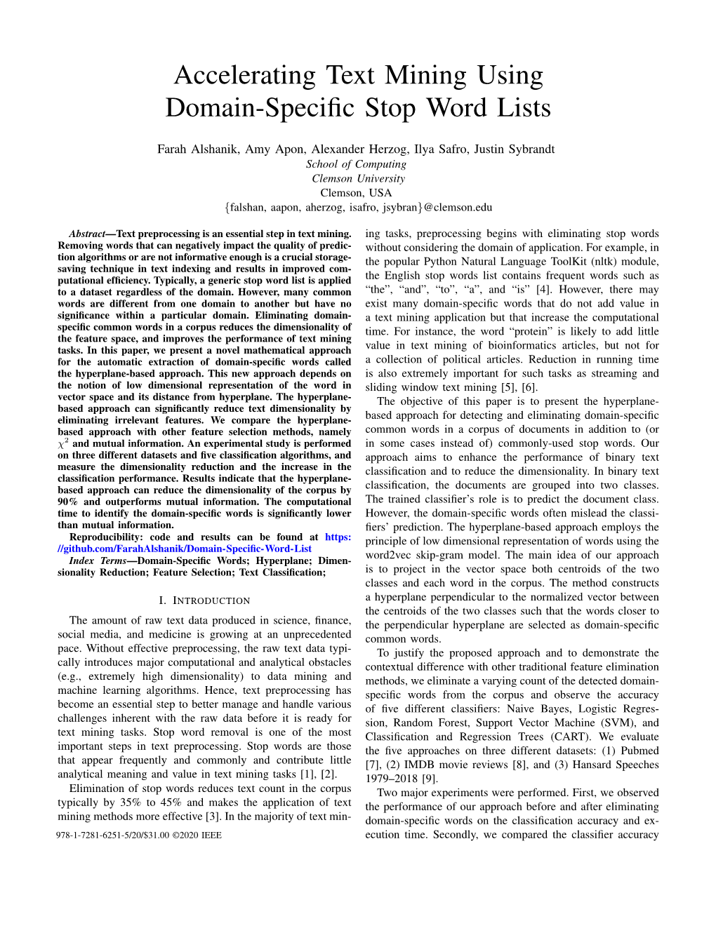 Accelerating Text Mining Using Domain-Specific Stop Word Lists