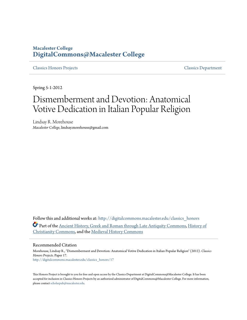 Anatomical Votive Dedication in Italian Popular Religion Lindsay R