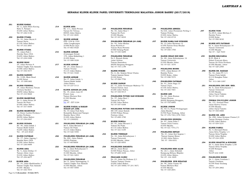 Senarai Klinik-Klinik Panel Universiti Teknologi Malaysia Johor Bahru (2017/2019)