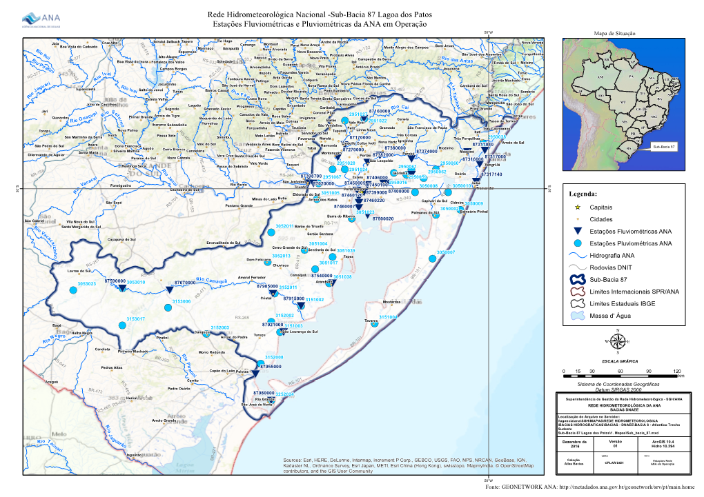 Sub-Bacia 87 Lagoa Dos Patos Estações Fluviométricas E Pluviométricas Da ANA Em Operação 50°W Mapa De Situação