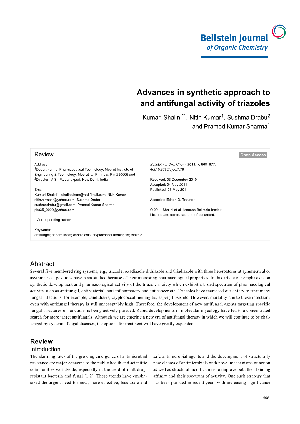 Advances in Synthetic Approach to and Antifungal Activity of Triazoles