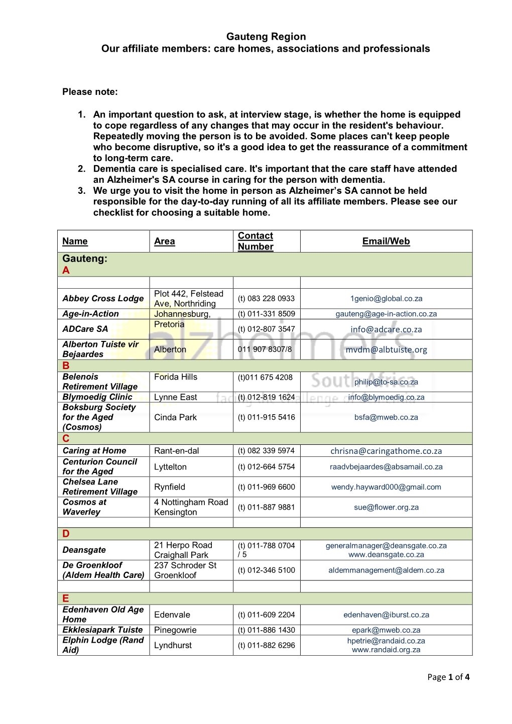 Gauteng Region Our Affiliate Members: Care Homes, Associations and Professionals