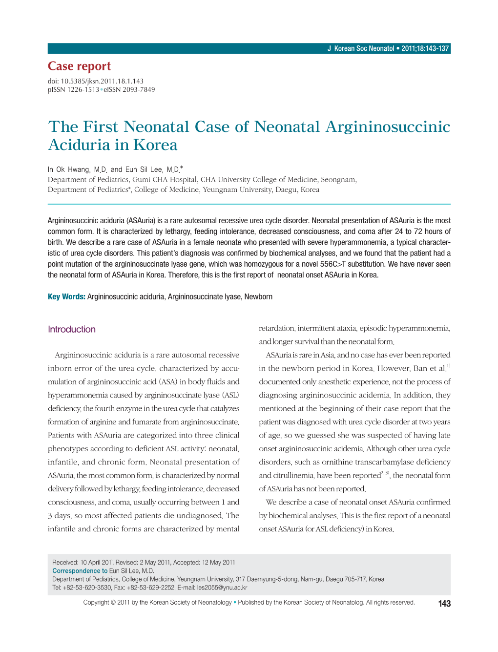 The First Neonatal Case of Neonatal Argininosuccinic Aciduria in Korea