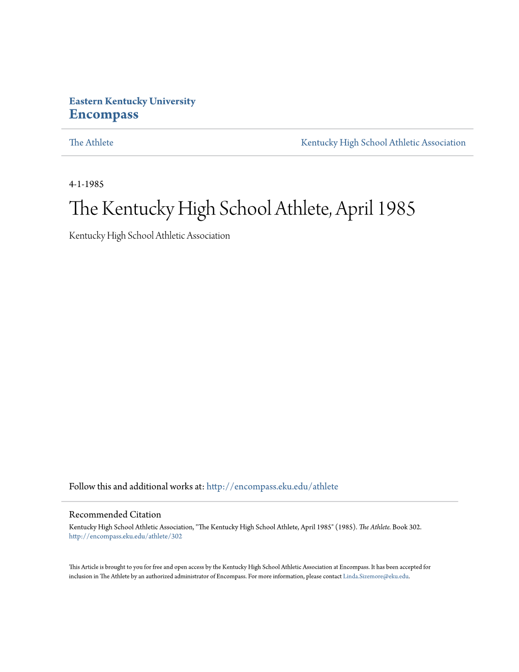 The Kentucky High School Athlete, April 1985 Kentucky High School Athletic Association