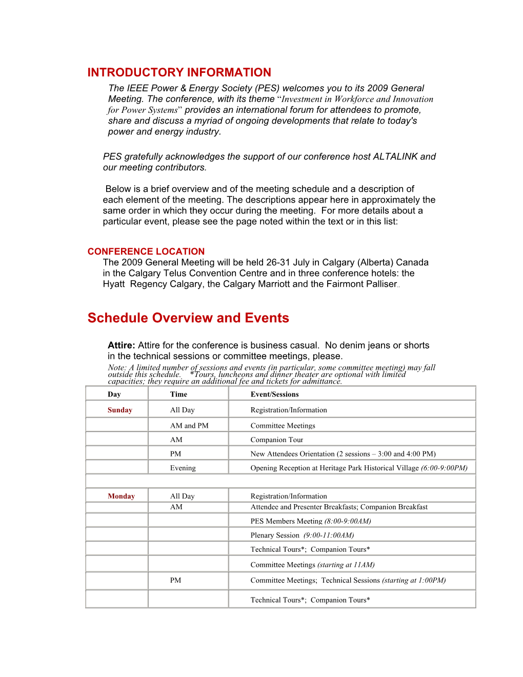 Schedule Overview and Events