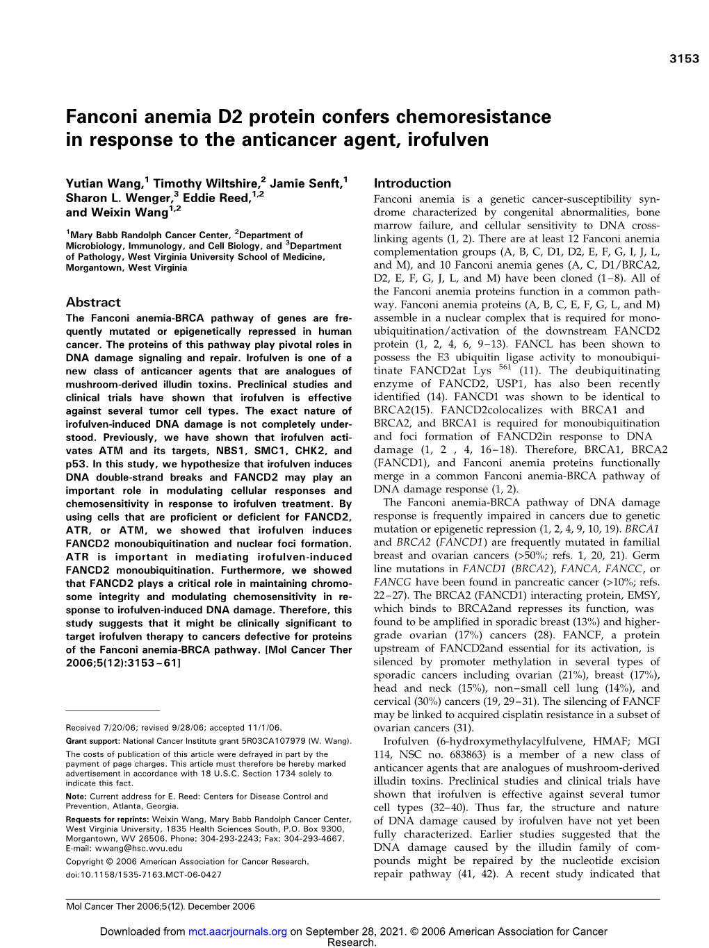Fanconi Anemia D2 Protein Confers Chemoresistance in Response to the Anticancer Agent, Irofulven