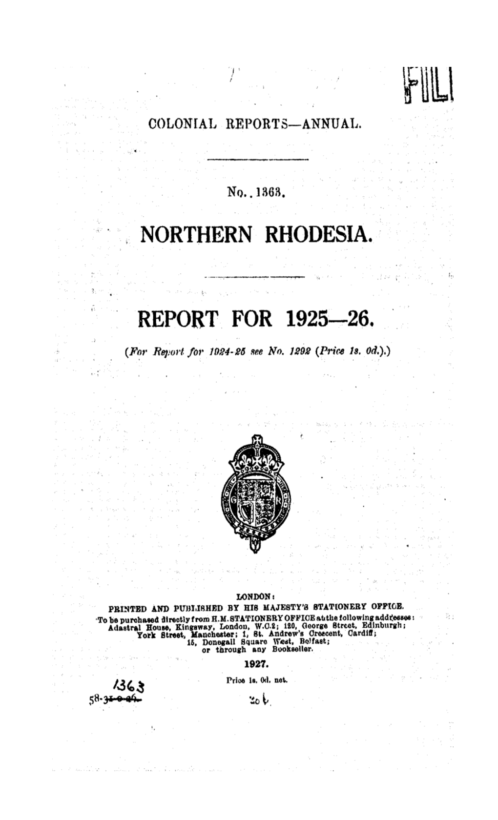 Annual Report of the Colonies, Northern Rhodesia, 1925-26