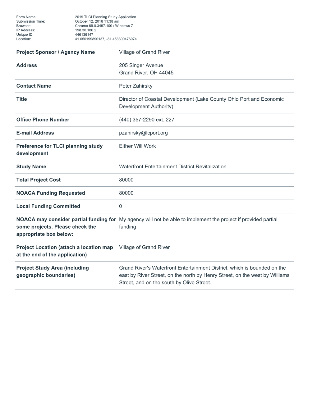 2019 TLCI Planning Study Application