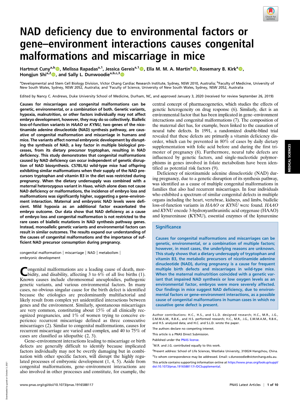 NAD Deficiency Due to Environmental Factors Or Gene–Environment Interactions Causes Congenital Malformations and Miscarriage in Mice