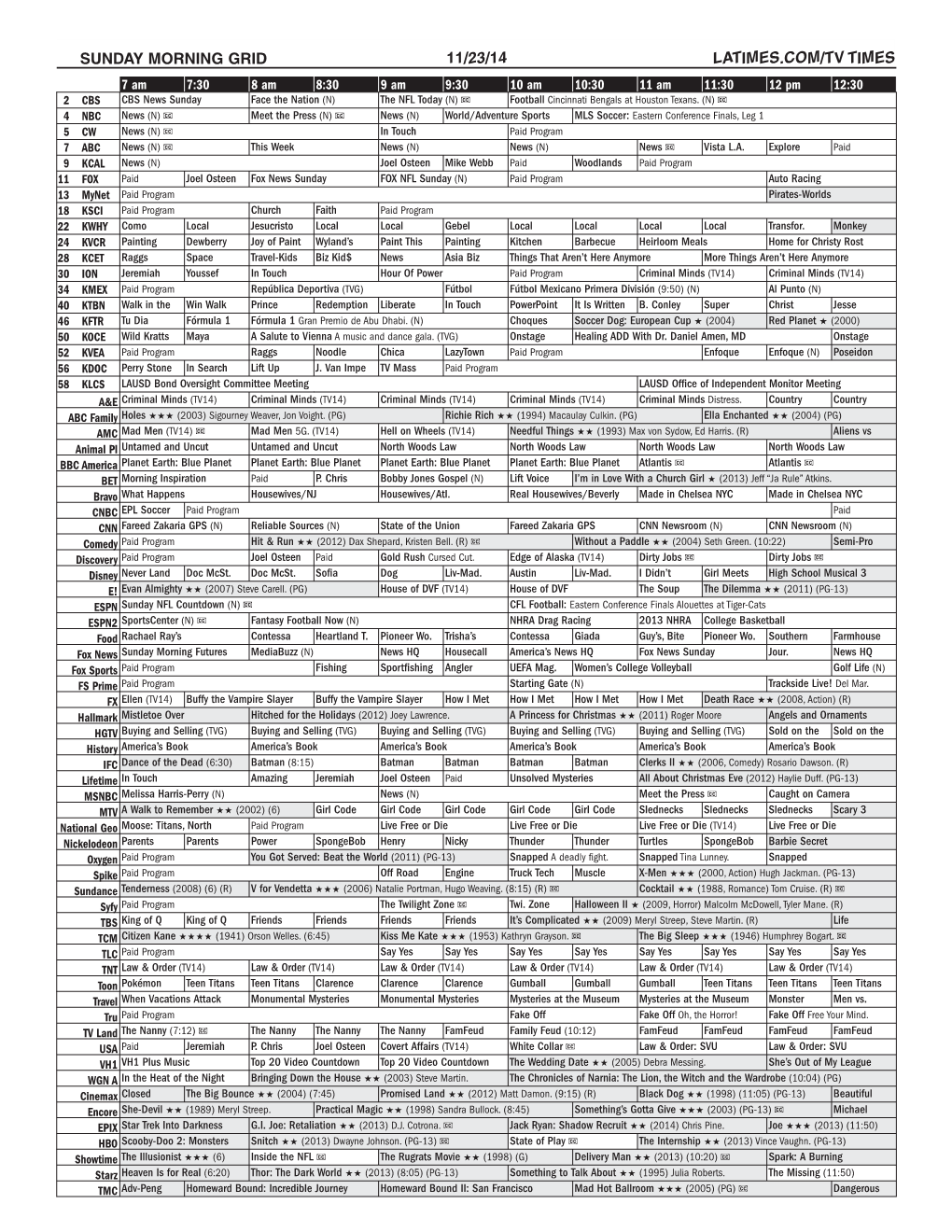 Sunday Morning Grid 11/23/14 Latimes.Com/Tv Times