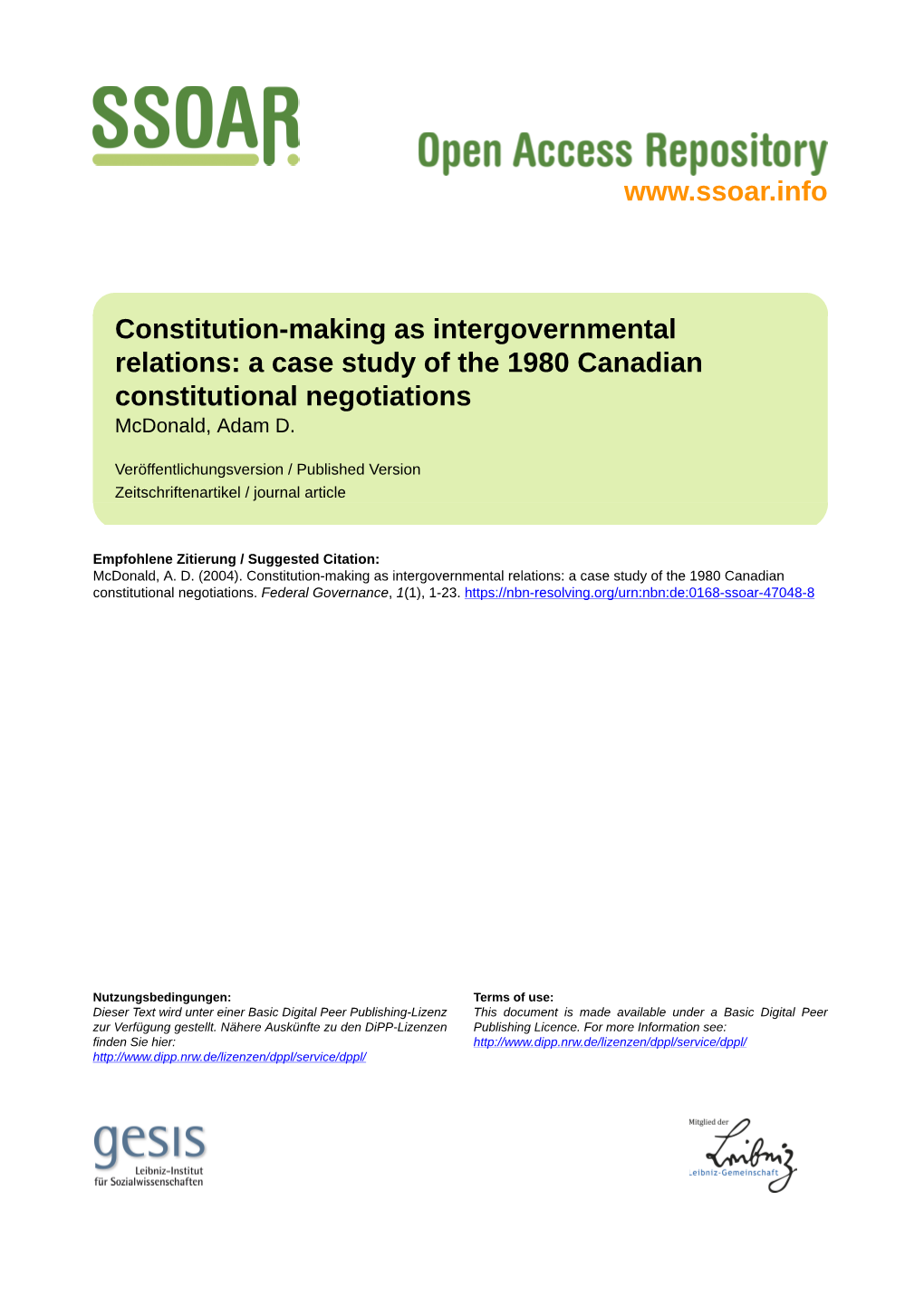 A Case Study of the 1980 Canadian Constitutional Negotiations Mcdonald, Adam D