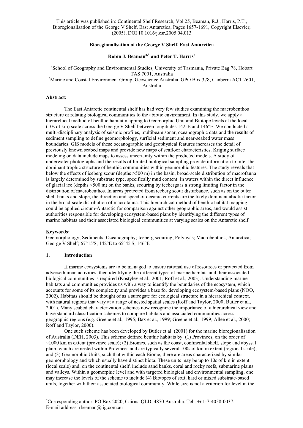 Bioregionalisation of the George V Shelf, East Antarctica 1.88 Mb