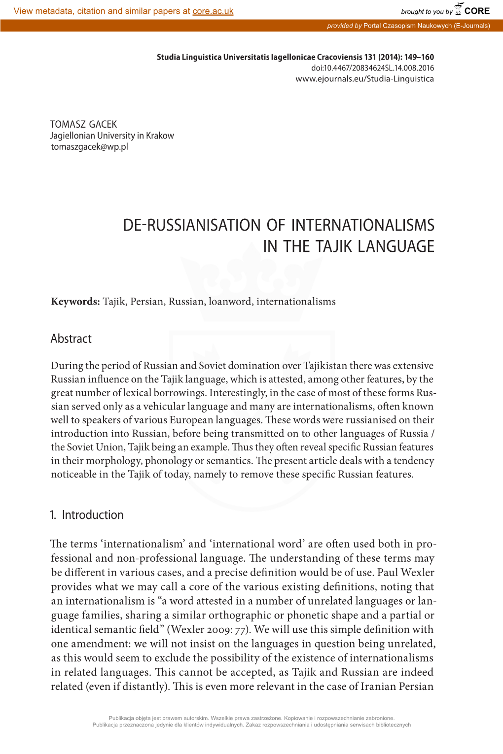 De-Russianisation of Internationalisms in the Tajik Language