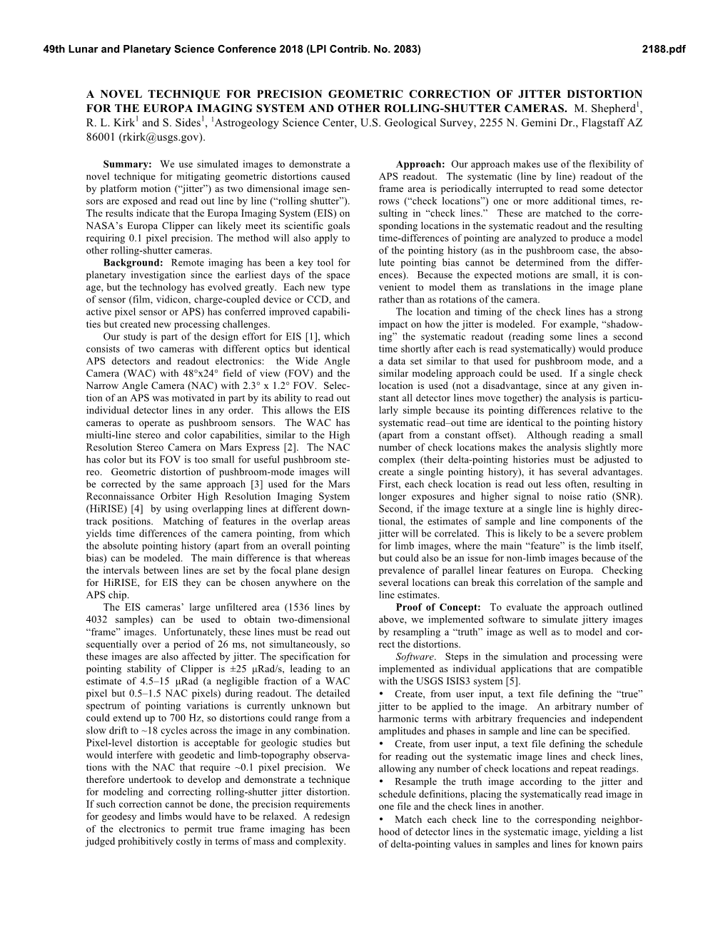 A Novel Technique for Precision Geometric Correction of Jitter Distortion for the Europa Imaging System and Other Rolling-Shutter Cameras