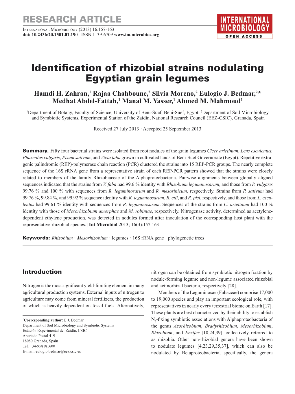 Identification of Rhizobial Strains Nodulating Egyptian Grain Legumes Hamdi H
