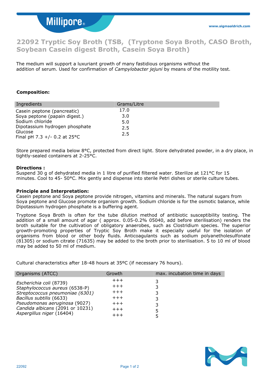 22092 Tryptic Soy Broth (TSB, (Tryptone Soya Broth, CASO Broth, Soybean Casein Digest Broth, Casein Soya Broth)