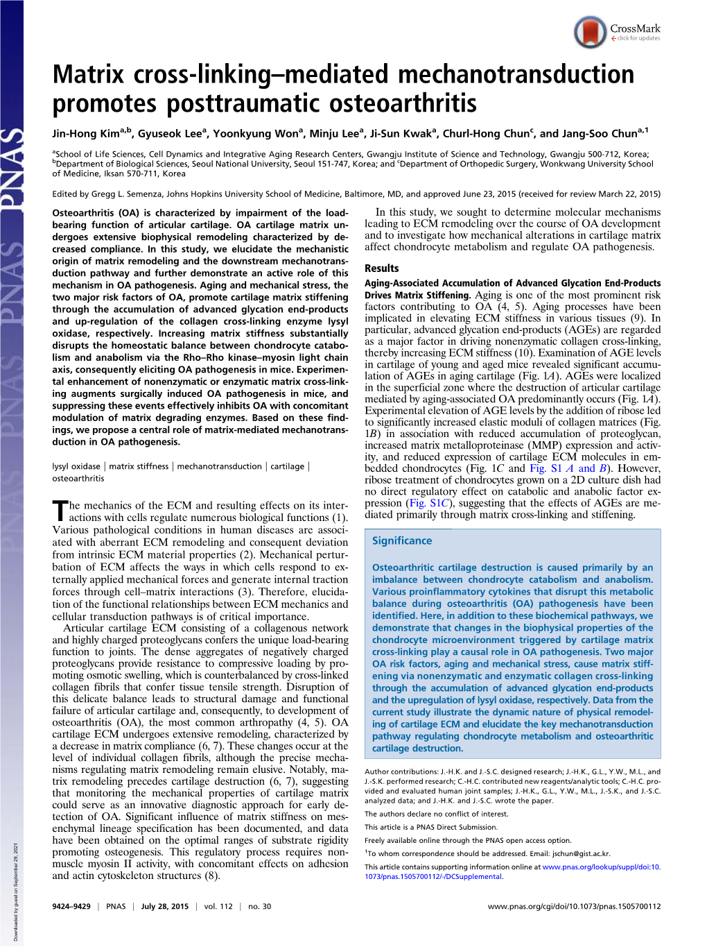 Matrix Cross-Linking–Mediated Mechanotransduction Promotes Posttraumatic Osteoarthritis