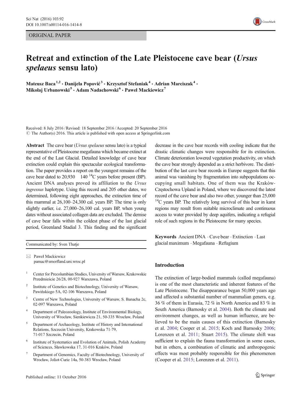 Retreat and Extinction of the Late Pleistocene Cave Bear (Ursus Spelaeus Sensu Lato)