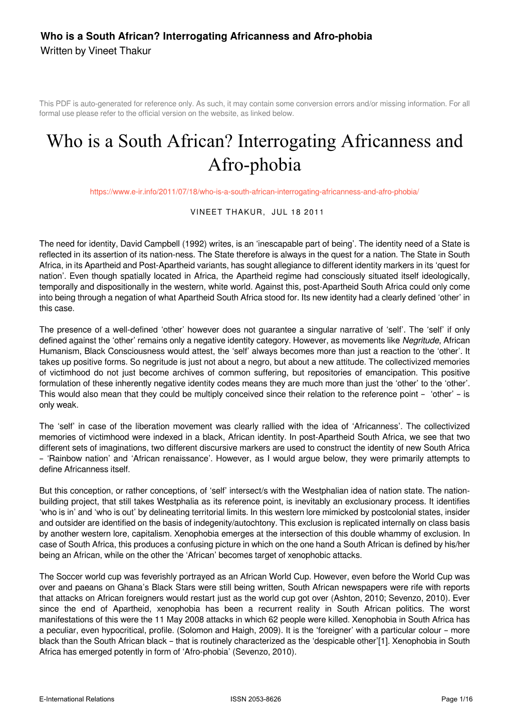 Who Is a South African? Interrogating Africanness and Afro-Phobia Written by Vineet Thakur