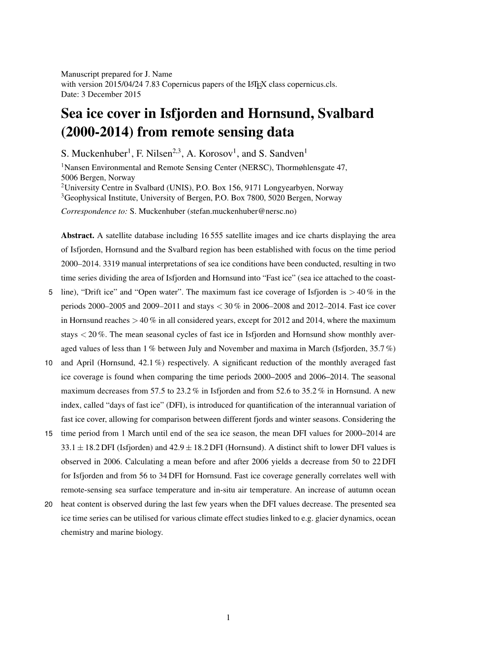 Sea Ice Cover in Isfjorden and Hornsund, Svalbard (2000-2014) from Remote Sensing Data S