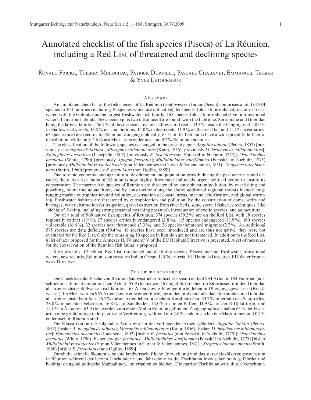 Annotated Checklist of the Fish Species (Pisces) of La Réunion, Including a Red List of Threatened and Declining Species