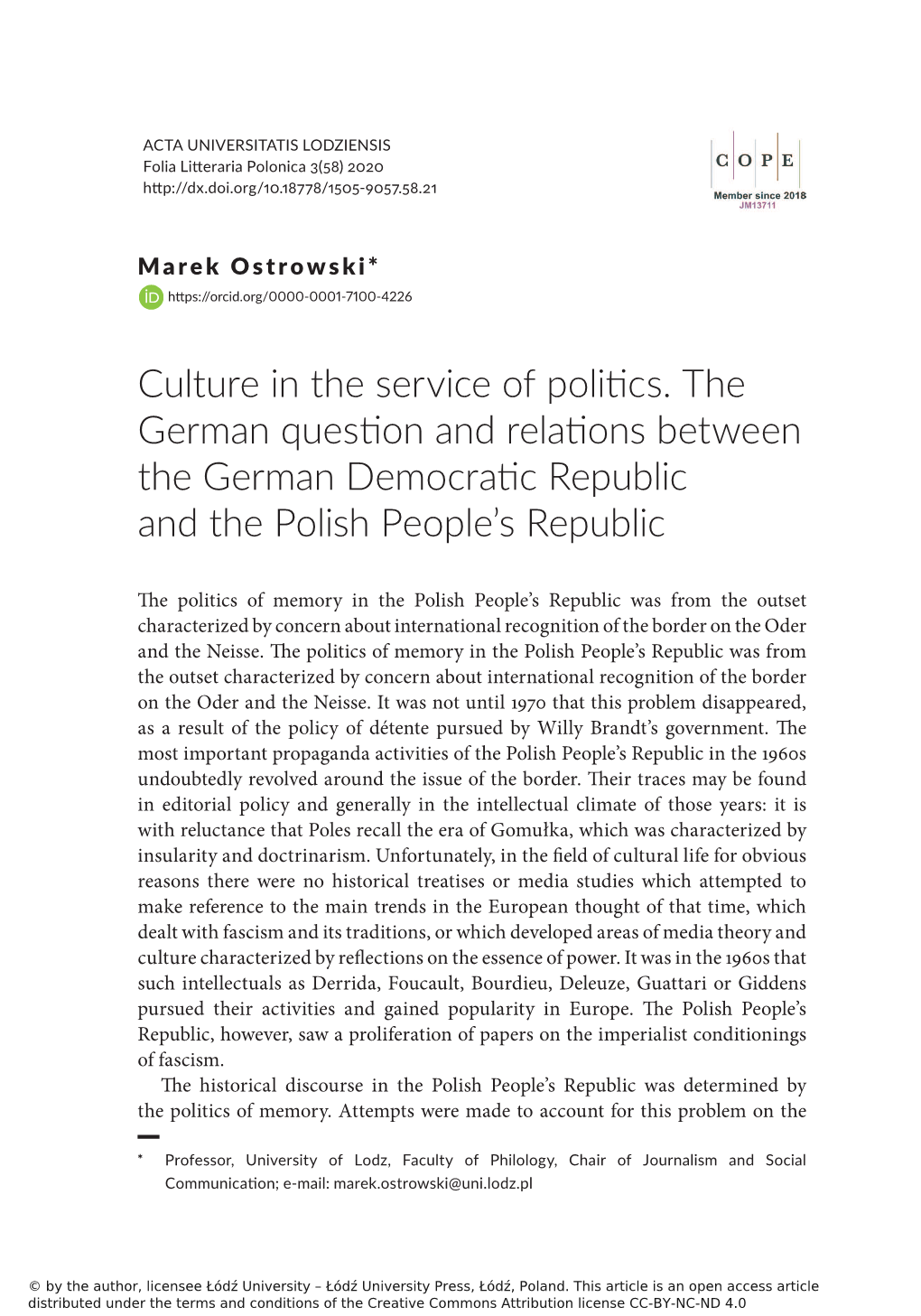 Culture in the Service of Politics. the German Question and Relations Between the German Democraticartificialartificial Republic Limbs, Limbs, Etc