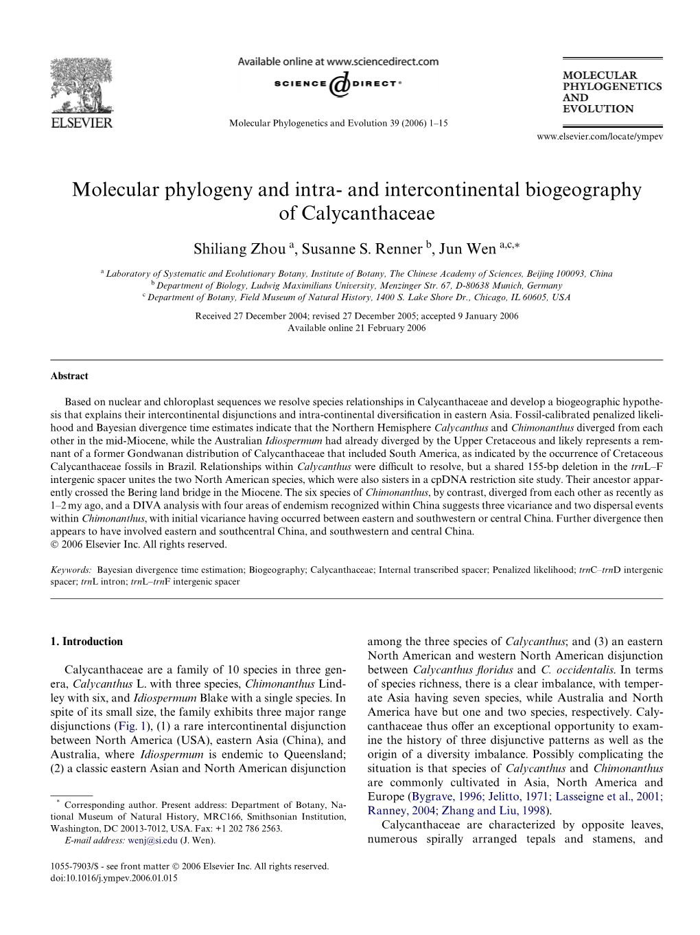 And Intercontinental Biogeography of Calycanthaceae