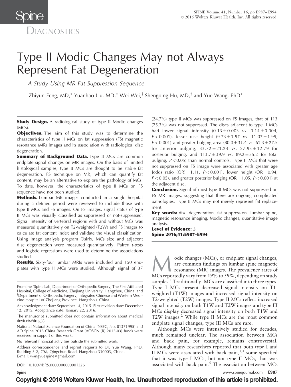 Type II Modic Changes May Not Always Represent Fat Degeneration a Study Using MR Fat Suppression Sequence