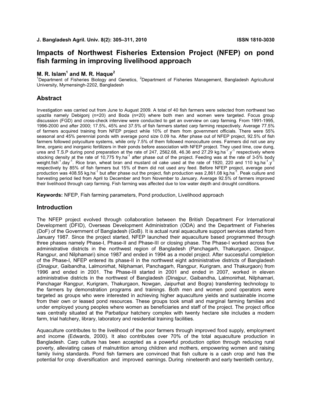 Impacts of Northwest Fisheries Extension Project (NFEP) on Pond Fish Farming in Improving Livelihood Approach