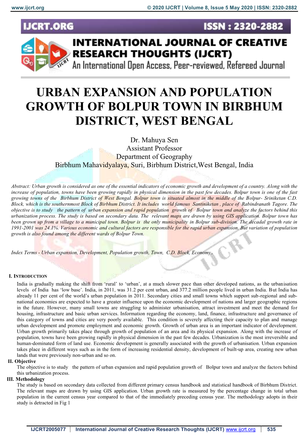 Urban Expansion and Population Growth of Bolpur Town in Birbhum District, West Bengal