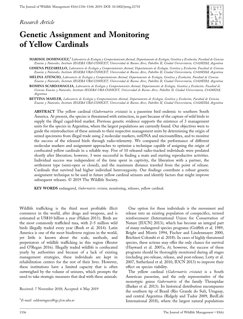 Genetic Assignment and Monitoring of Yellow Cardinals