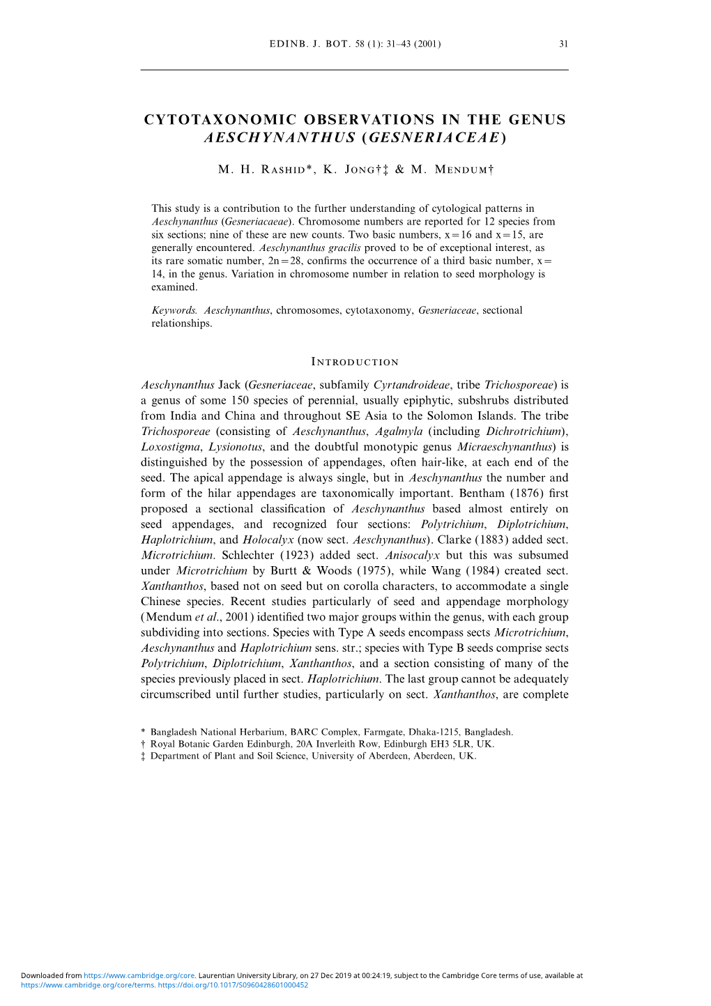 Cytotaxonomic Observations in the Genus Aeschynanthus (Gesneriaceae)