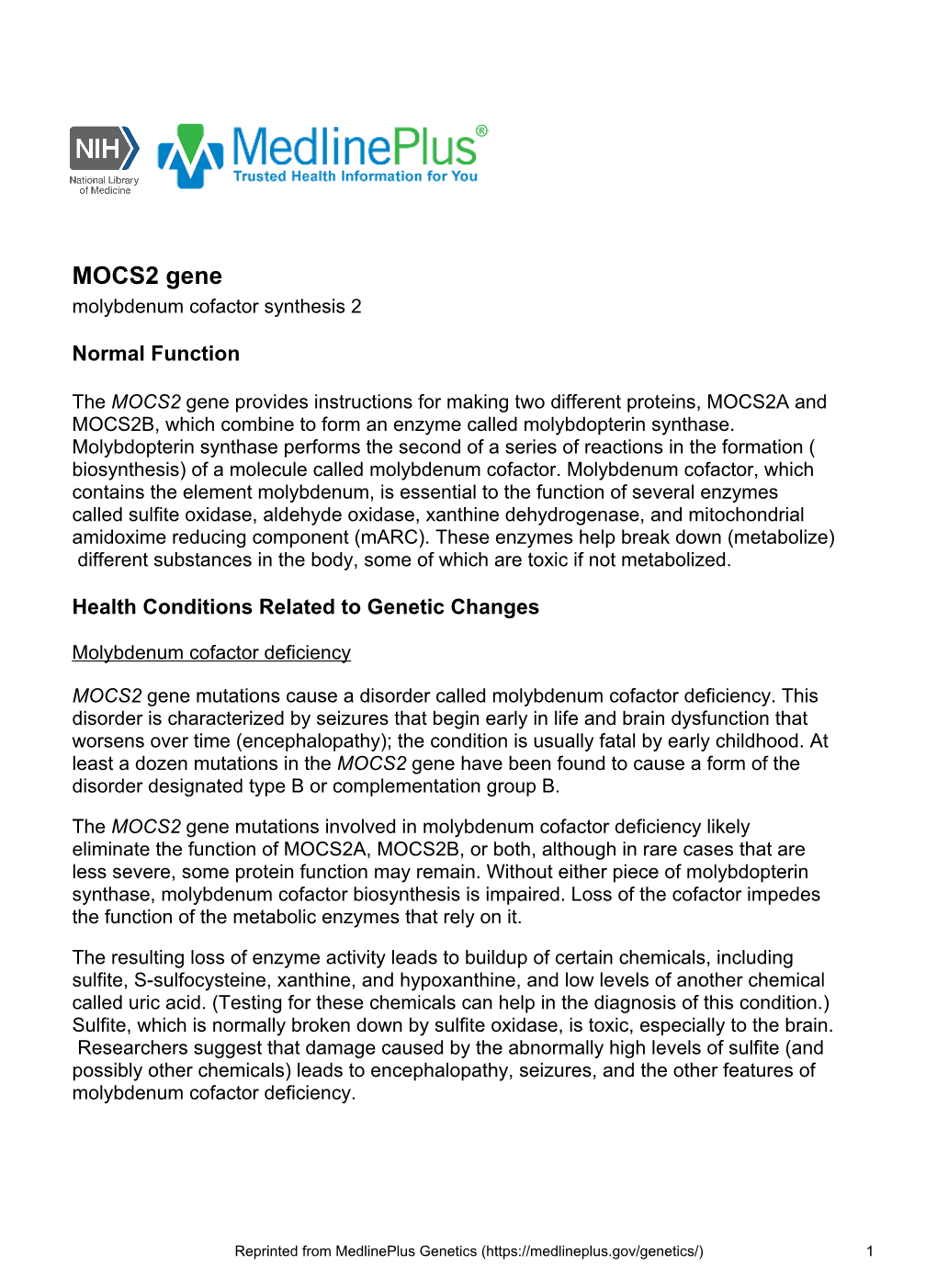 MOCS2 Gene Molybdenum Cofactor Synthesis 2