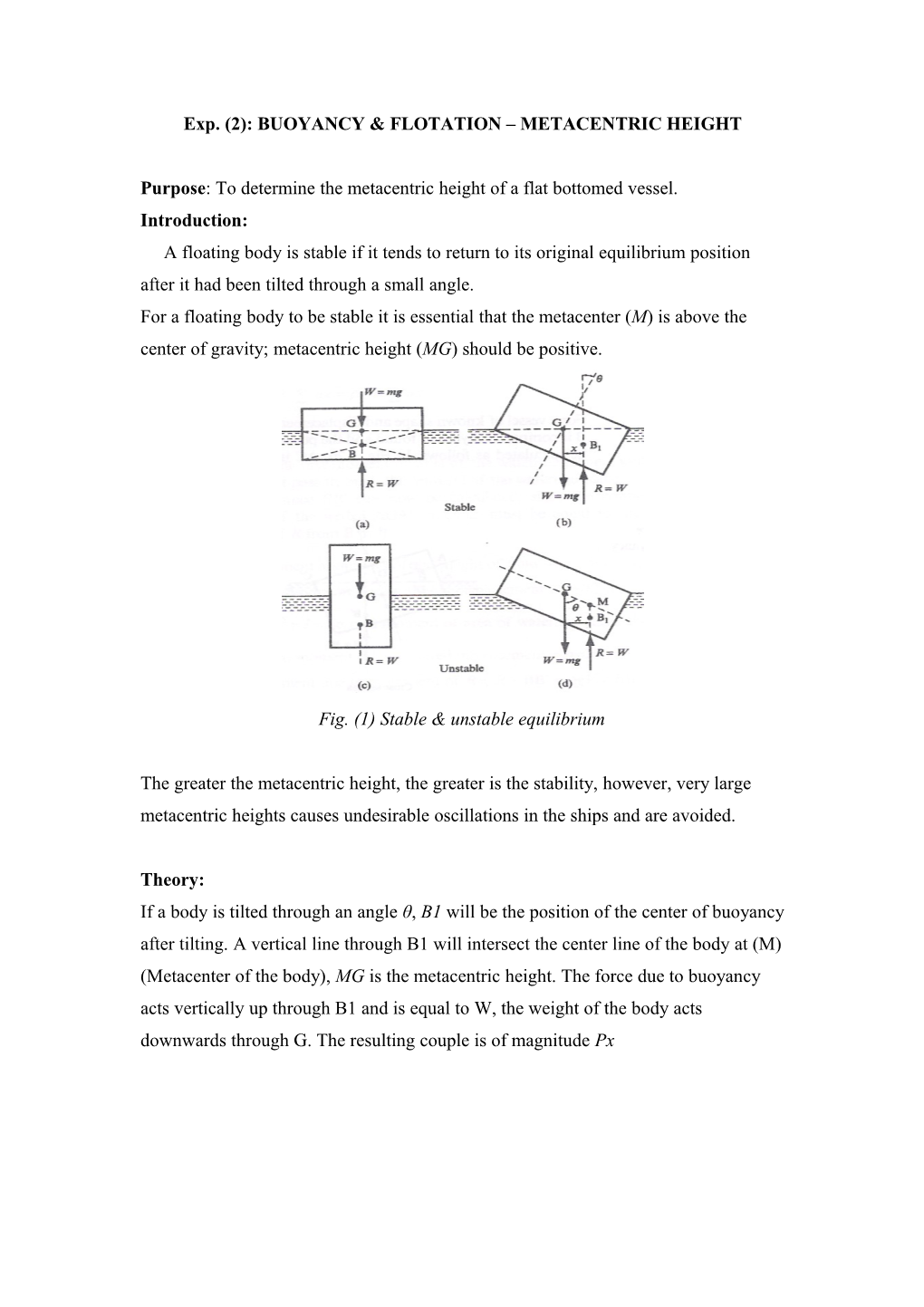 Exp. (2): BUOYANCY & FLOTATION METACENTRIC HEIGHT