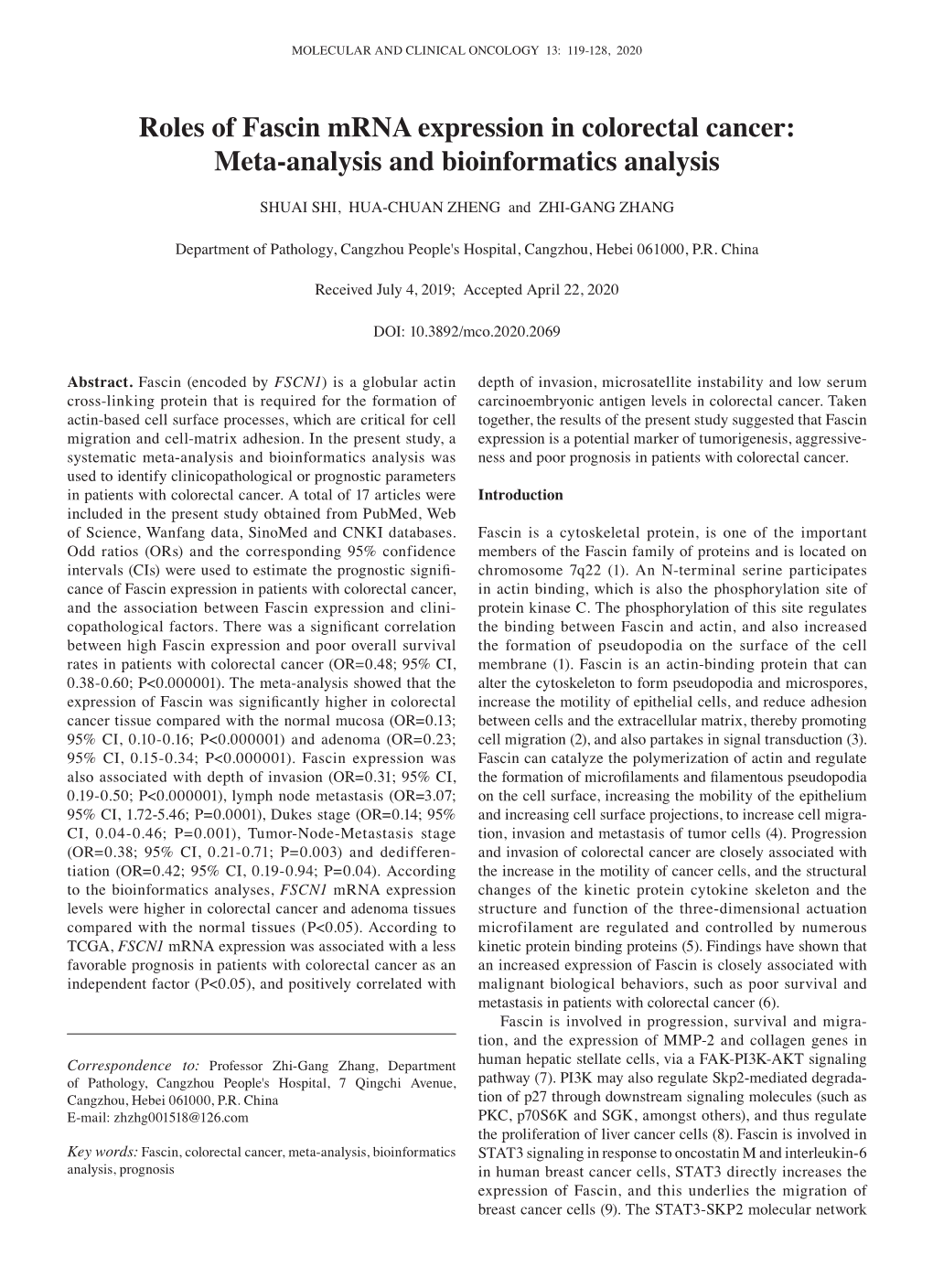 Roles of Fascin Mrna Expression in Colorectal Cancer: Meta‑Analysis and Bioinformatics Analysis