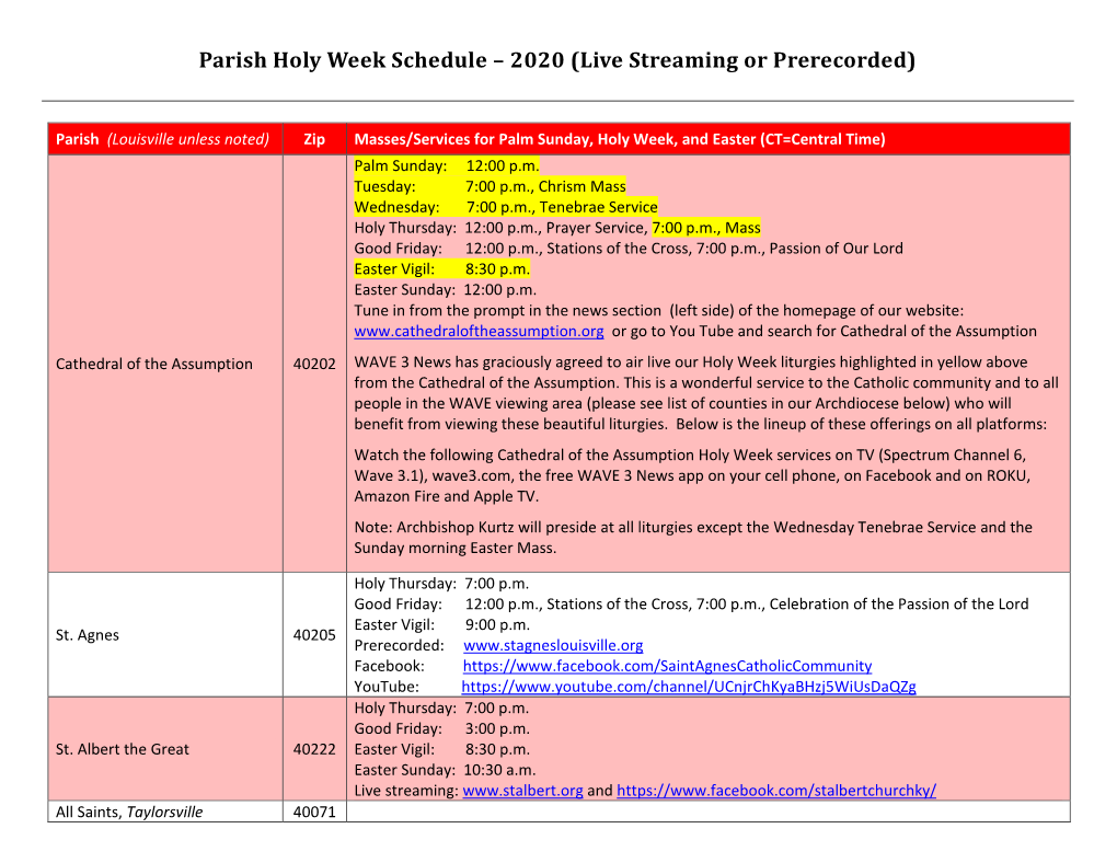 Parish Holy Week Schedule – 2020 (Live Streaming Or Prerecorded)