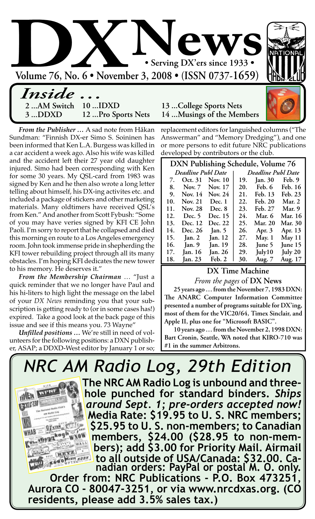 NRC AM Radio Log, 29Th Edition the NRC AM Radio Log Is Unbound and Three- Hole Punched for Standard Binders